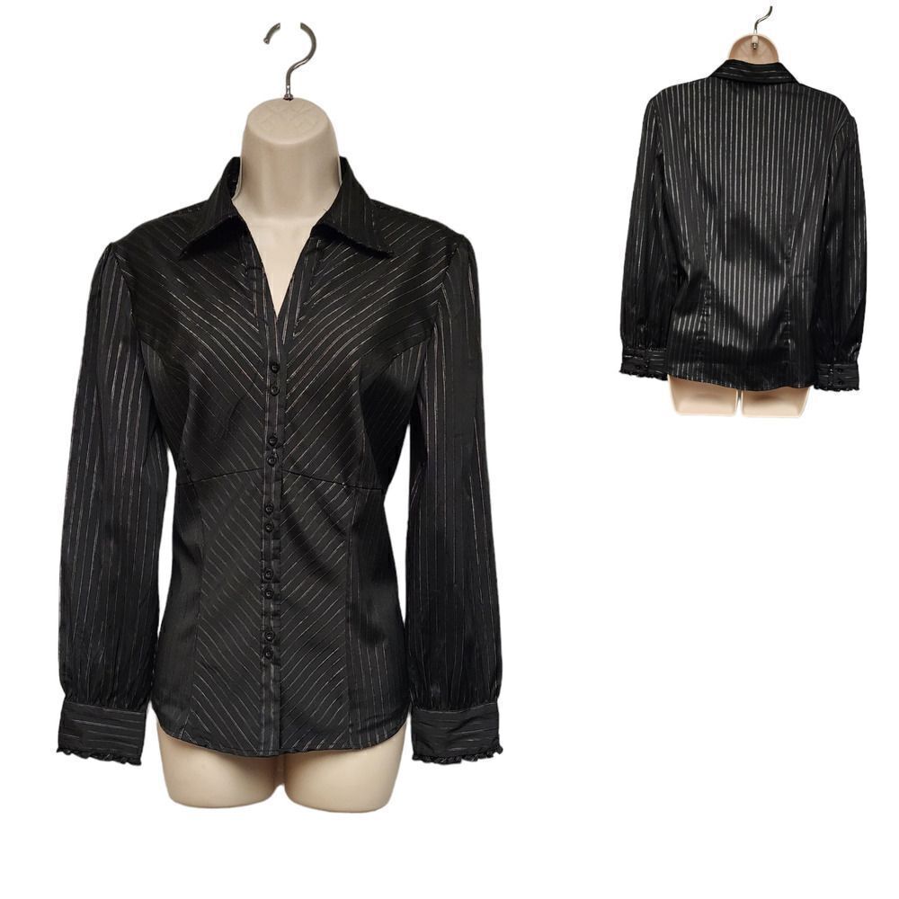 DDC Stretch Silver  Pinstripe Black Long Sleeve Blouse Size Medium